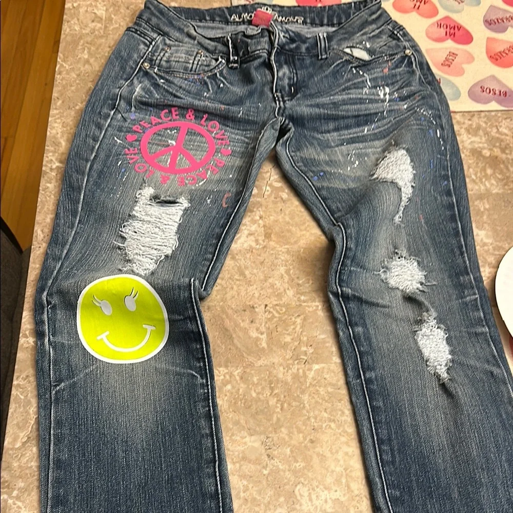 Almost Famous Blue Skinny Jeans with Distressing and Pink Design - Picture 3 of 4